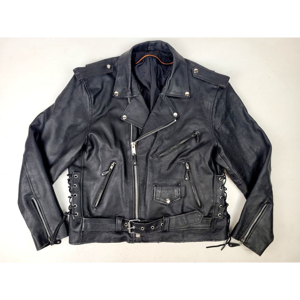 Quality Classic Belted Leather Motorcycle Jacket Biker Punk Style Men's Sz L